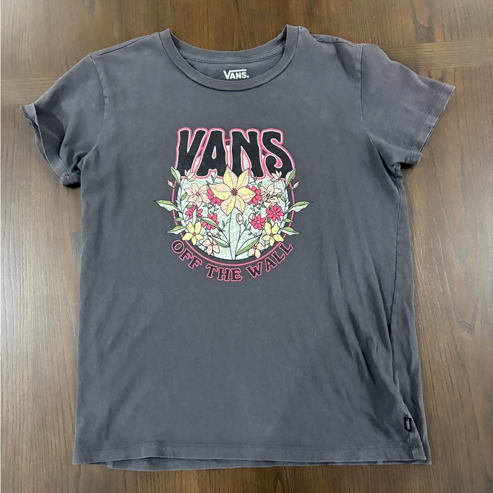 Vans Black Tee with Pink-Outlined Logo and Multicolor Floral Graphic